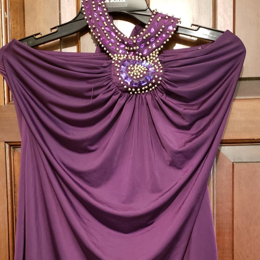 Ladies Sz. S Fabulosity halter top; pre-owned; faux jewels rich purple polyester